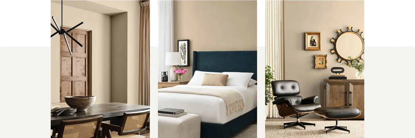 Three interiors showing Universal Khaki used in different rooms
