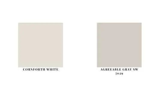 Farrow and Ball Cornforth White next to Sherwin Williams Agreeable Gray SW 7029 as paint swatches